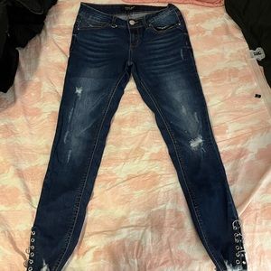 DARK JEANS! Light rips! Size 4. Chained bottoms